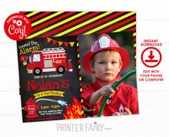Firefighter Birthday Party Invitation Editable Template with photo, INSTANT DOWNLOAD