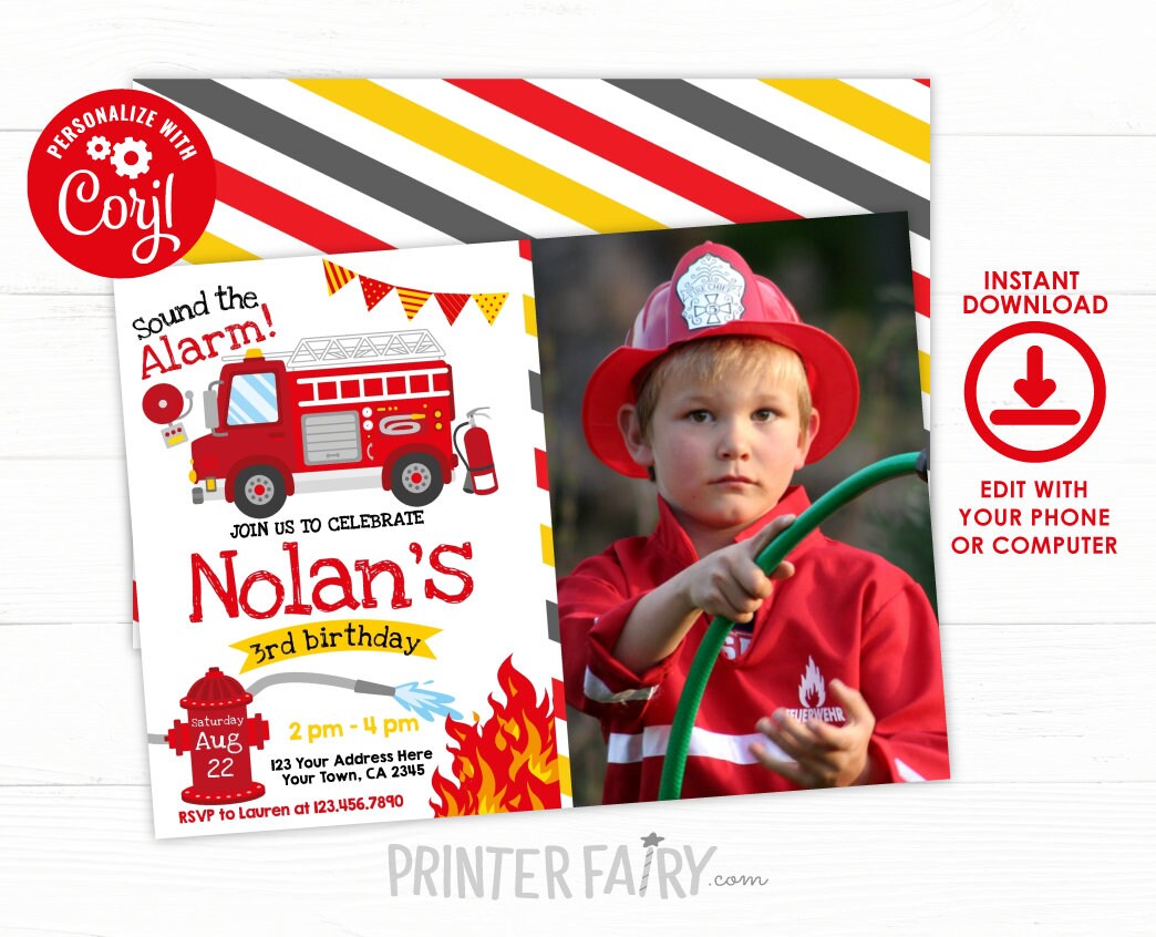 Editable Firefighter Birthday Invitation Template, Firetruck Party (Instant Download)