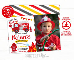 Editable Firefighter Birthday Invitation Template, Firetruck Party (Instant Download)