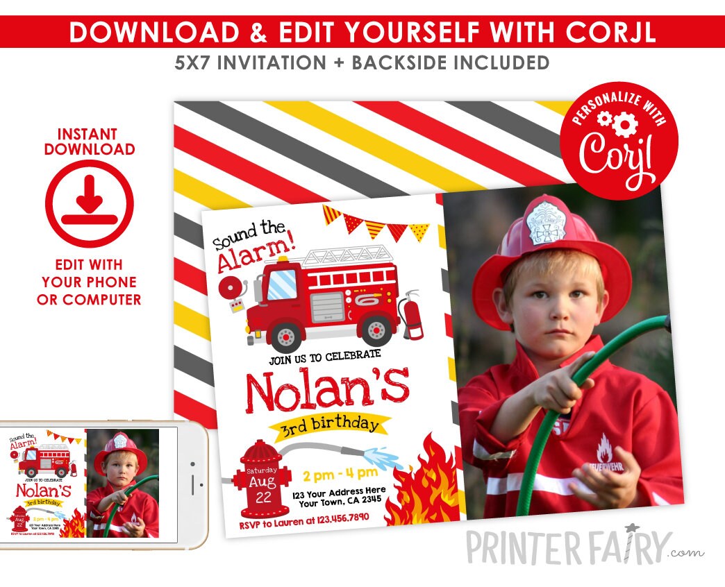 Editable Firefighter Birthday Invitation Template, Firetruck Party (Instant Download)