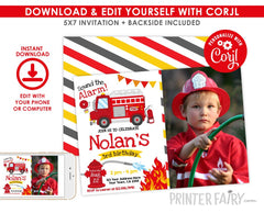 Editable Firefighter Birthday Invitation Template, Firetruck Party (Instant Download)