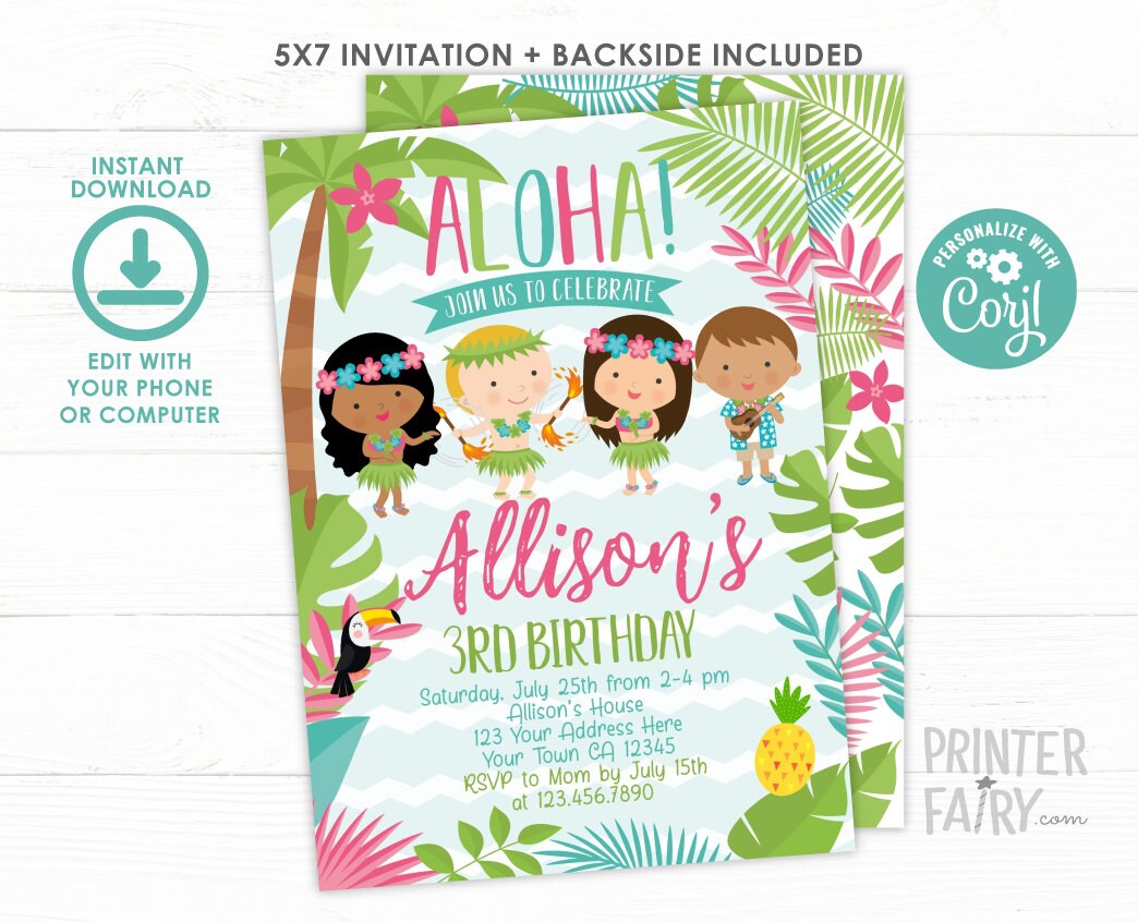 Luau Birthday Invitation, Tropical Beach Party, Editable (Digital Download)