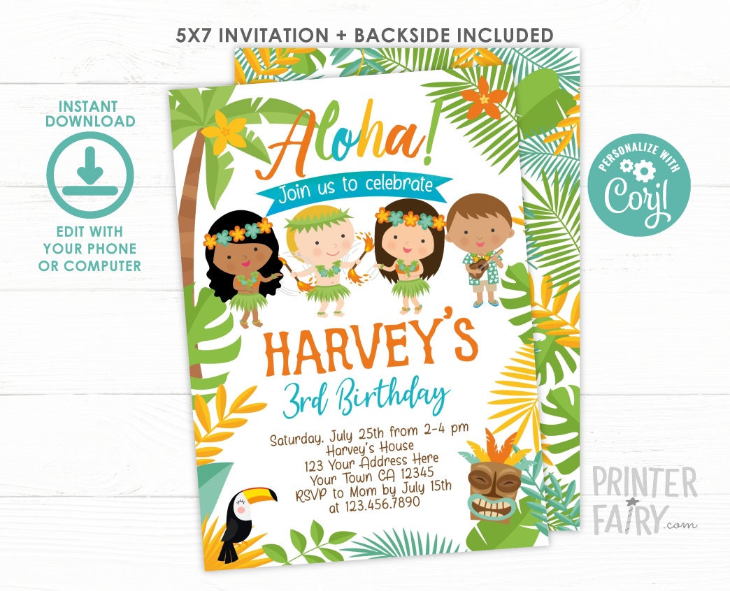 Editable Luau Birthday Invitation, Hawaiian Pool Party (Instant Download)