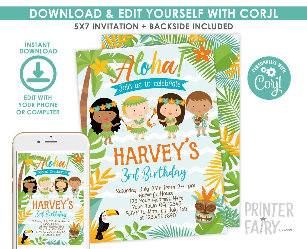 Luau Birthday Invitation, Editable Hawaiian Pool Party (Instant Download)