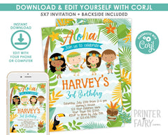 Luau Birthday Invitation, Editable Hawaiian Pool Party (Instant Download)