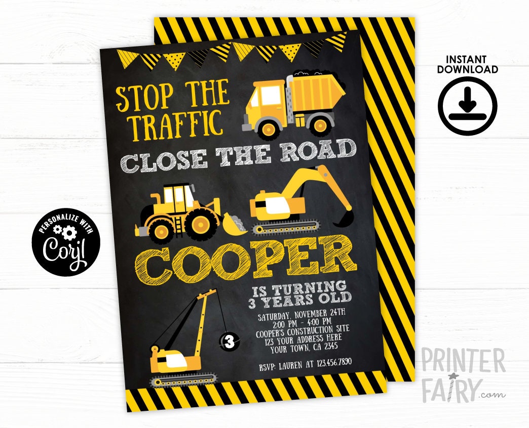 Construction Truck Birthday Invitation, Editable Template (Digital)