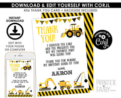 Construction Thank You Cards, Dump Truck Birthday (INSTANT DOWNLOAD)