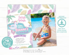 Unicorn Pool Birthday Invitation with Photo, Editable (Digital Download)