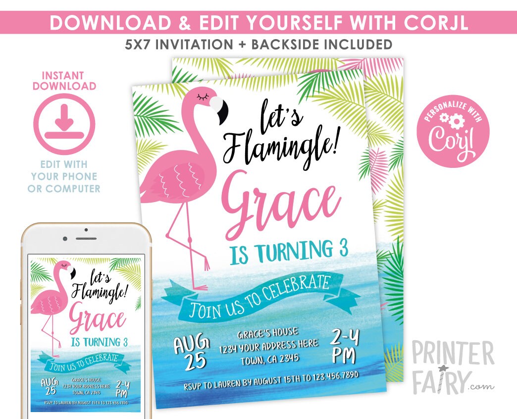 Flamingo Birthday Invitation, Editable Tropical Party (Instant Download)