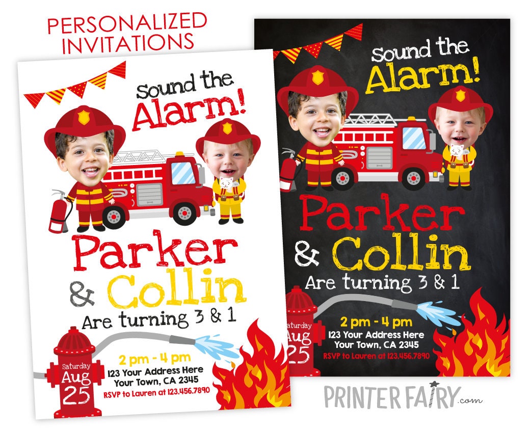 Fire fighter Invitation with photo, Sibling Birthday Invitations, Personalized Digital Invitation, 2 options