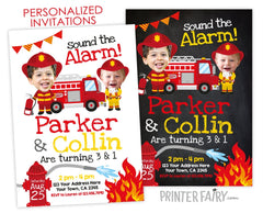 Fire fighter Invitation with photo, Sibling Birthday Invitations, Personalized Digital Invitation, 2 options