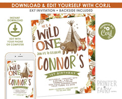 Wild One Birthday Invitation, Tribal Woodland Theme (Digital Download)