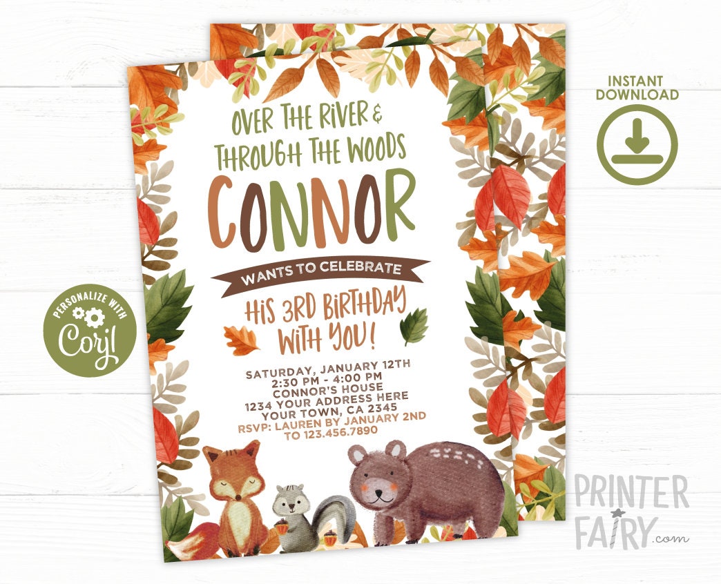 Woodland Birthday Invitation, Forest Animals, Editable Template (Digital Download)