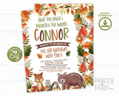 Woodland Birthday Invitation, Forest Animals, Editable Template (Digital Download)