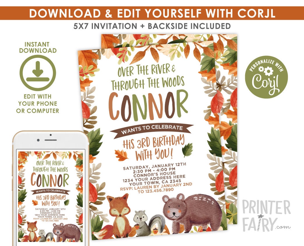 Woodland Birthday Invitation, Forest Animals, Editable Template (Digital Download)