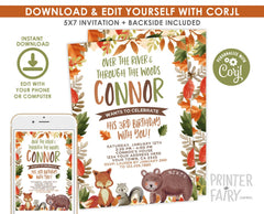 Woodland Birthday Invitation, Forest Animals, Editable Template (Digital Download)