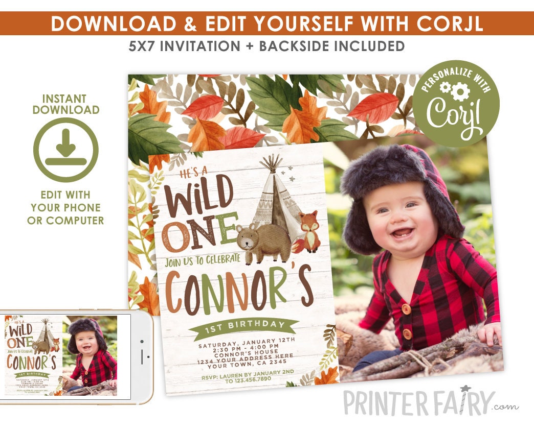 Wild One Birthday Invitation with Photo, Tribal Woodland (Digital Download)