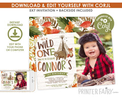 Wild One Birthday Invitation with Photo, Tribal Woodland (Digital Download)