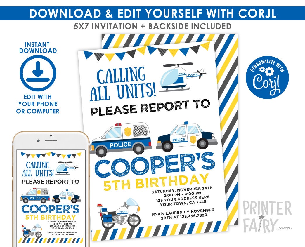 Editable Police Birthday Invitation, Cops & Robbers Party (Digital)