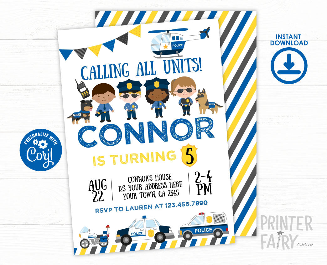 Editable Police Birthday Party Invitation (Digital Download)