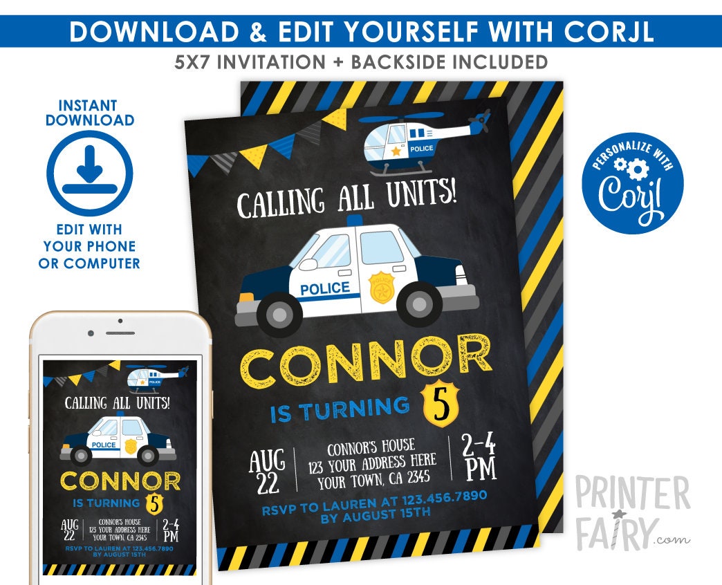 Editable Police Car Birthday Invitation, Cops & Robbers Party (Digital)