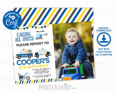 Editable Police Birthday Invitation with Photo Template for any age, Instant Download
