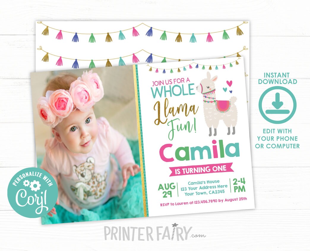 Editable Llama Birthday Invitation with Photo (Instant Download)