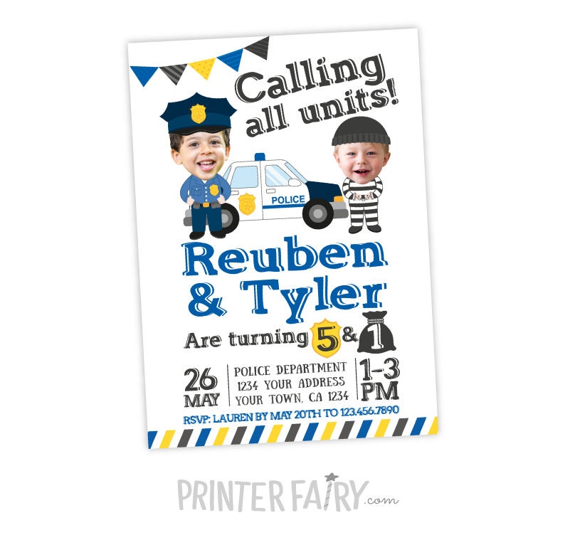 Cops and Robbers Birthday Invitation, Photo, Siblings (Digital Invitation)
