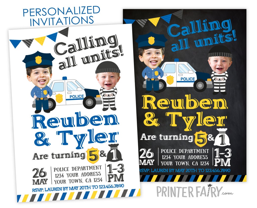 Cops and Robbers Birthday Invitation, Photo, Siblings (Digital Invitation)