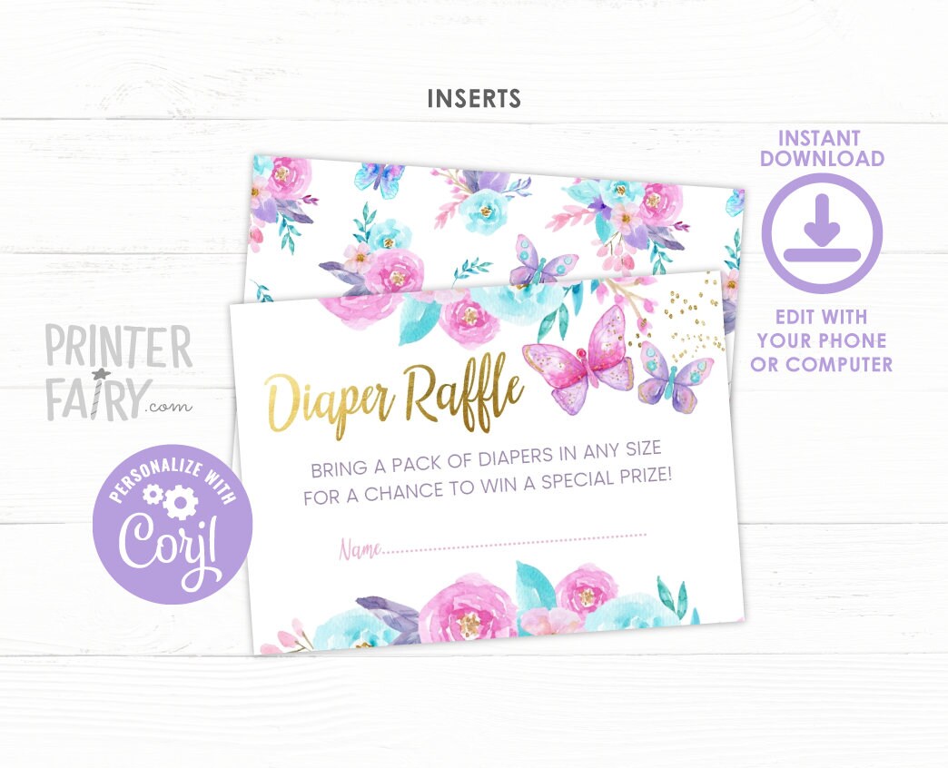 Butterfly Baby Shower Diaper Raffle Sign and Tickets (Digital Download)