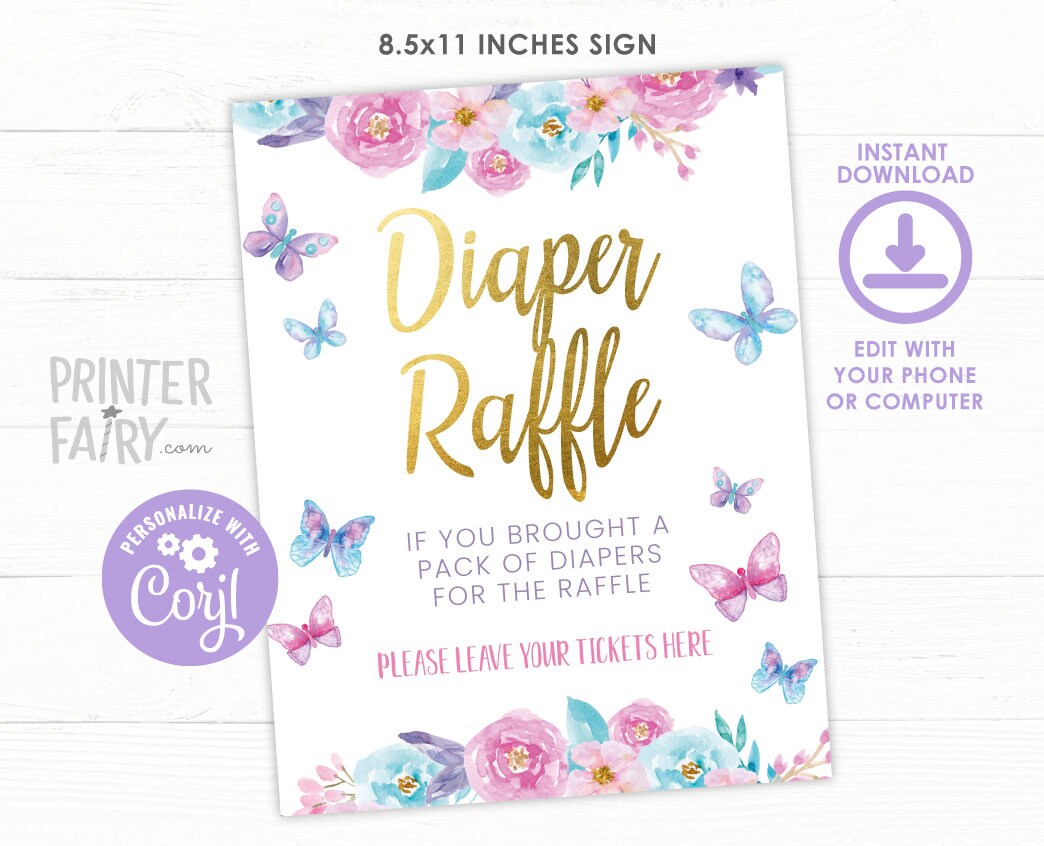 Butterfly Baby Shower Diaper Raffle Sign and Tickets (Digital Download)