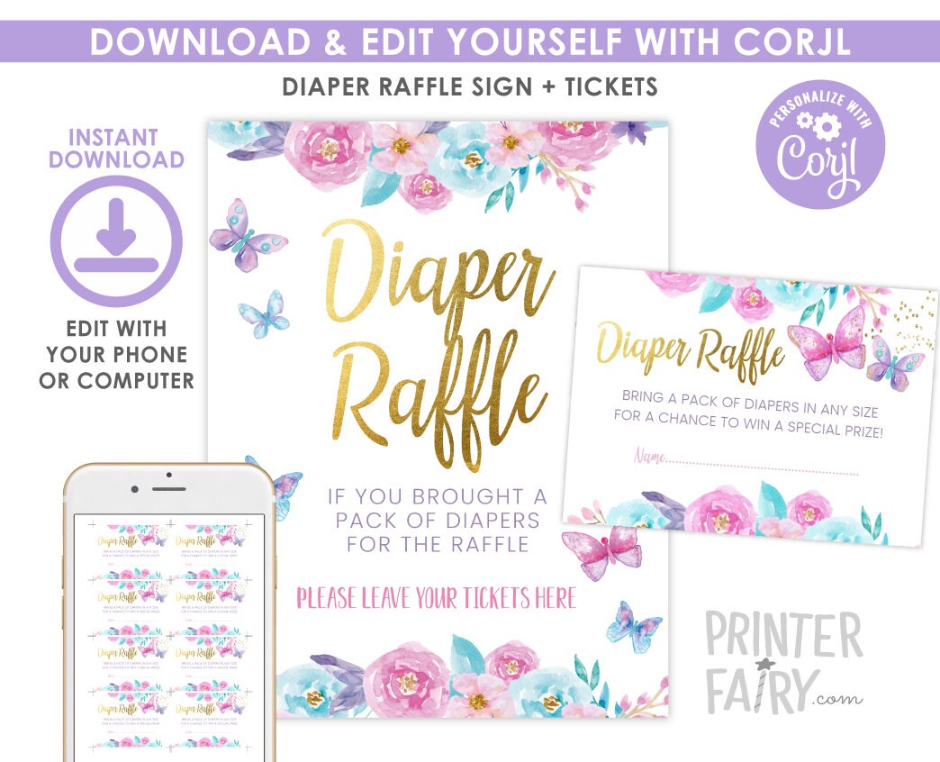 Butterfly Baby Shower Diaper Raffle Sign and Tickets (Digital Download)