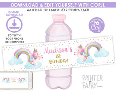 Unicorn Water Bottle Labels EDITABLE Template, INSTANT DOWNLOAD