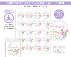 Unicorn Round Labels or Toppers EDITABLE Template, INSTANT DOWNLOAD
