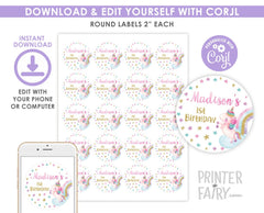 Unicorn Round Labels or Toppers EDITABLE Template, INSTANT DOWNLOAD