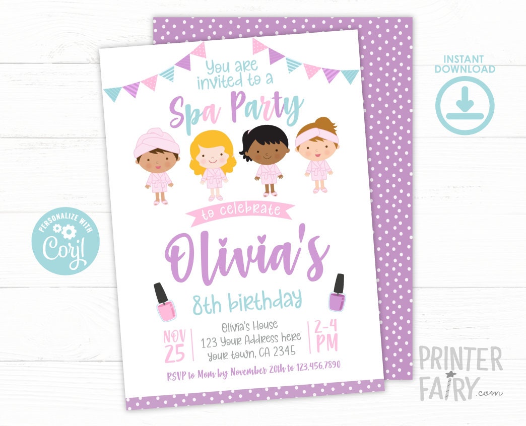 Spa Birthday Party Invitation, Editable Digital Invite (Instant Download)
