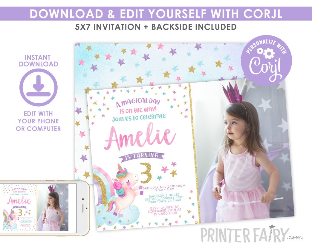 Editable Unicorn Birthday Invitation, Rainbow Party (Digital Invite)