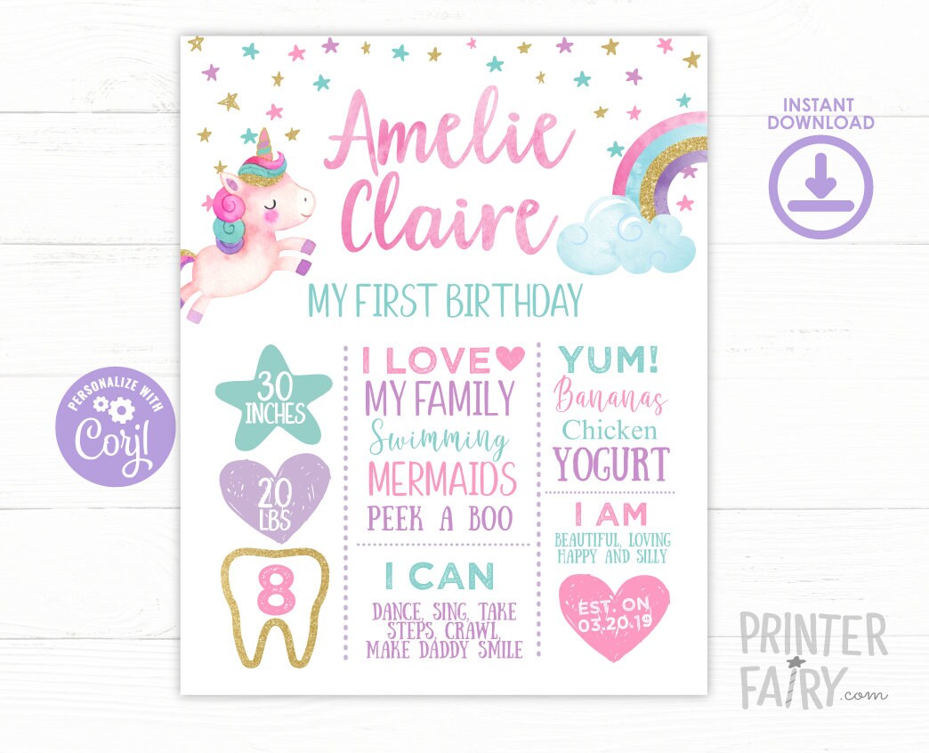 Unicorn 1st Birthday Milestones Board Editable Template, Instant Download