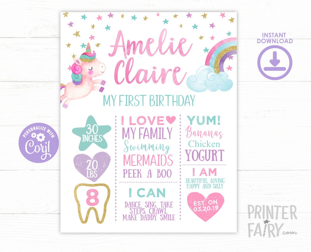 Unicorn 1st Birthday Milestones Board Editable Template, Instant Download
