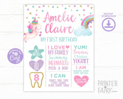 Unicorn 1st Birthday Milestones Board Editable Template, Instant Download