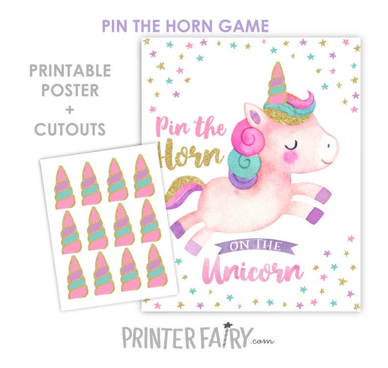Unicorn Birthday Party Game, Pin the Horn Poster (Digital Printable)
