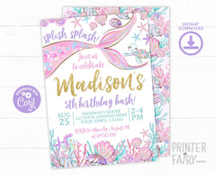 Mermaid Birthday Invitation Editable Template, Under the Sea Party (Digital Instant Download)