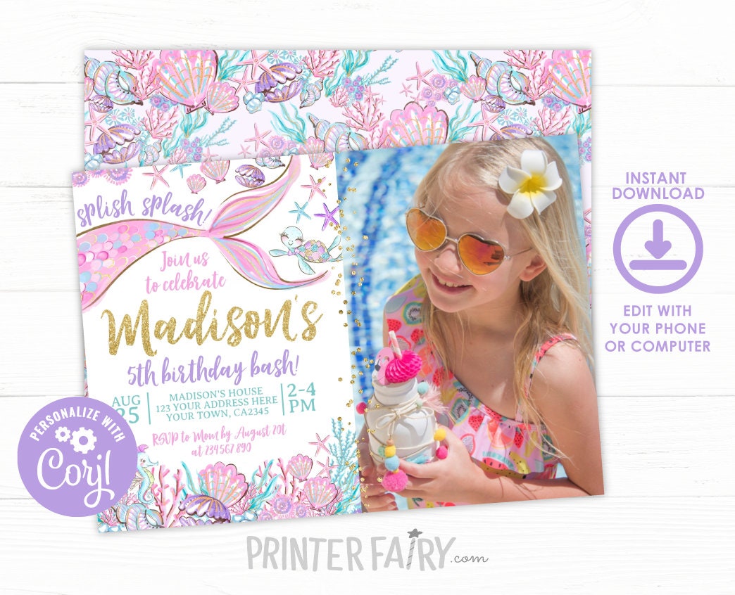 Editable Mermaid Birthday Invitation with Photo (Digital Download)