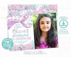 Editable Mermaid Birthday Invitation, Under the Sea Party (Digital Download)