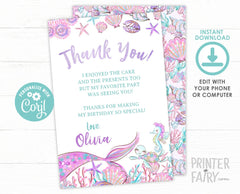 Editable Mermaid Thank You Cards, Under the Sea Party (Digital Download)
