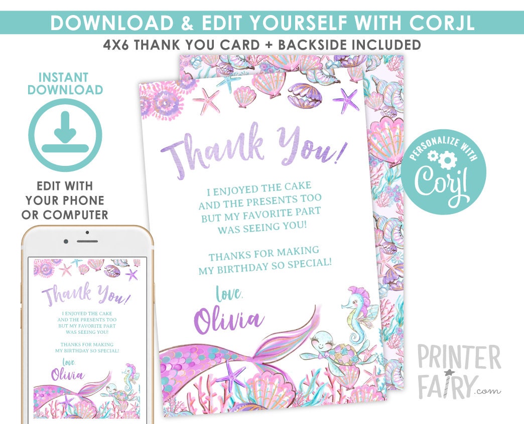 Editable Mermaid Thank You Cards, Under the Sea Party (Digital Download)
