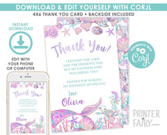 Editable Mermaid Thank You Cards, Under the Sea Party (Digital Download)