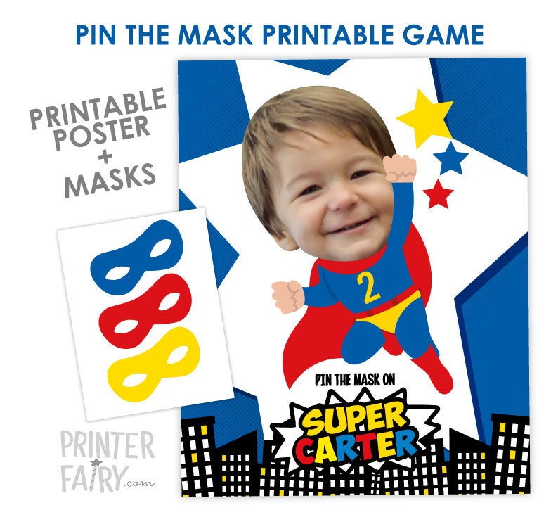 Superhero Birthday Party Pin The Mask Personalized Game with your Photo, Digital Printable