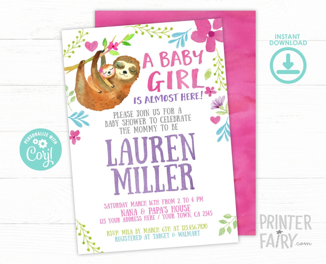 Sloth Baby Shower Invitation, Editable Digital Invite (5x7)