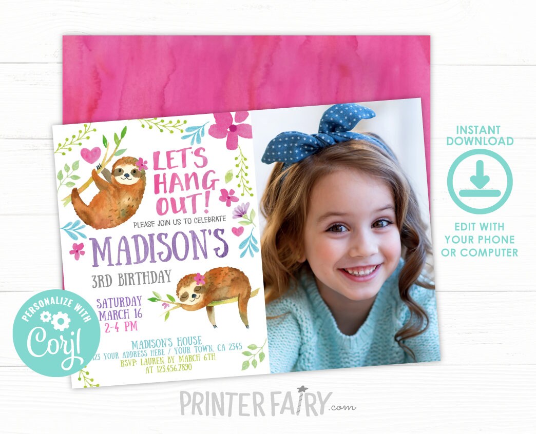Sloth Birthday Invitation with Photo, Jungle Party, Editable Digital Invite